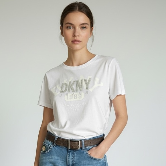 Dkny Tops - DKNY Women's White Studded Graphic Tee